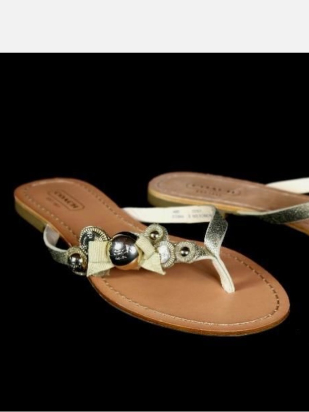 Coach Gold Oceanna Leather Sandals with Bow and Embellishments, size 7